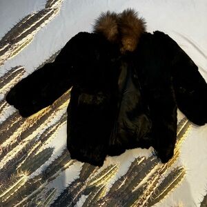 Jordache Black fox fur Jacket with Brown Collar